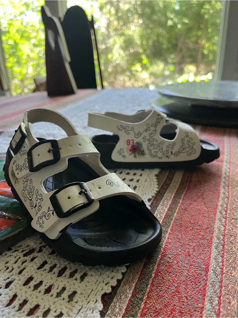 Birkenstock Kids White Floral Buckle Sandals with Black Footbed